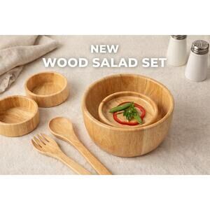 The Cellar Rubberwood 7 Piece Salad Bowl Set Wooden Serving Set New